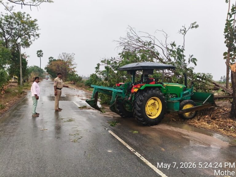 ఈదురు గాలులకు నేలకొరిగిన వృక్షం.